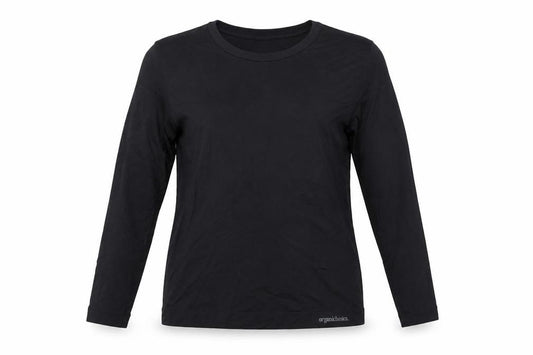 Front view of Organic Basics women’s black nylon basic t-shirt, size XL, crew neck pullover - gym workout running