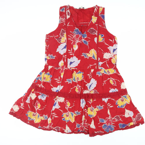 NEXT Womens Red Floral Cotton Fit & Flare Size 12 V-Neck Pullover