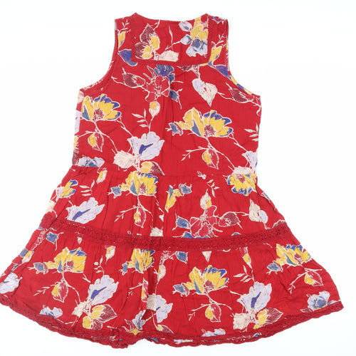 NEXT Womens Red Floral Cotton Fit & Flare Size 12 V-Neck Pullover