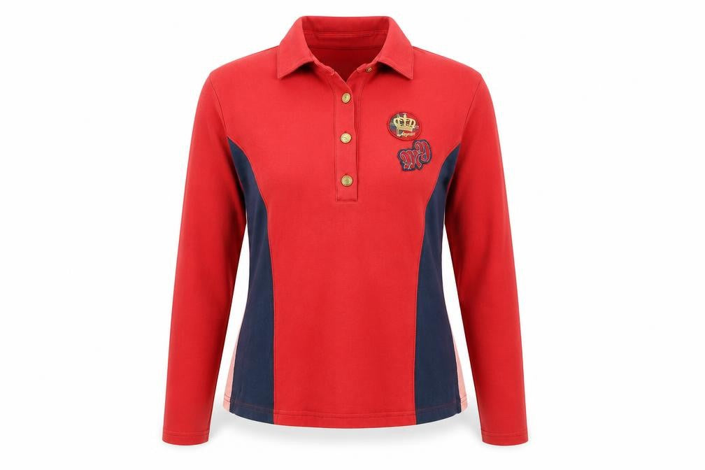 Front view of Miya's women’s red cotton basic polo, size M, collared - embroidered detail