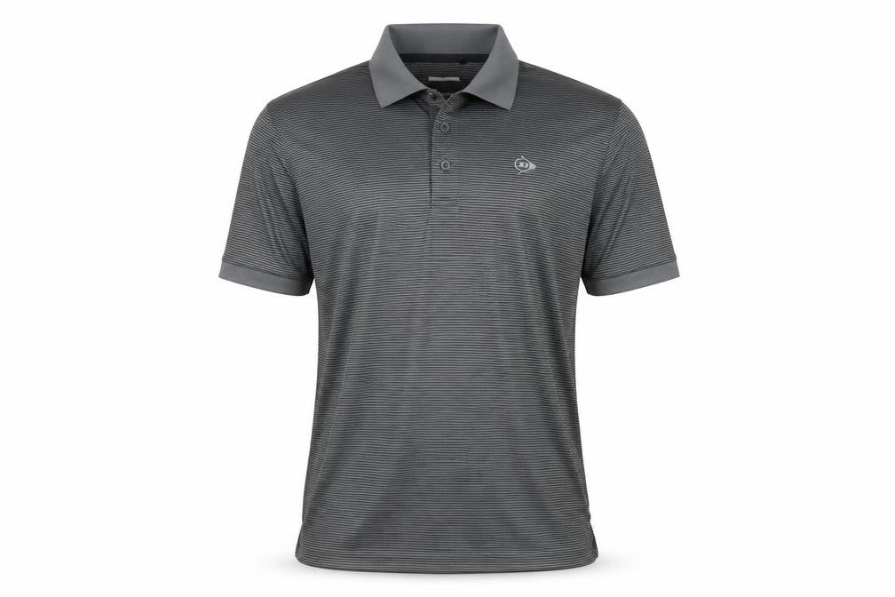 Front view of Dunlop men’s grey striped polyester polo, size S, collared button