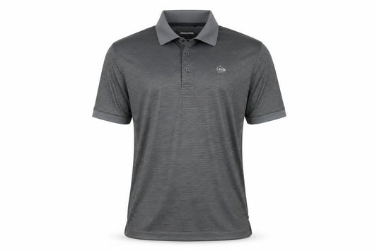 Front view of Dunlop men’s grey striped polyester polo, size S, collared button