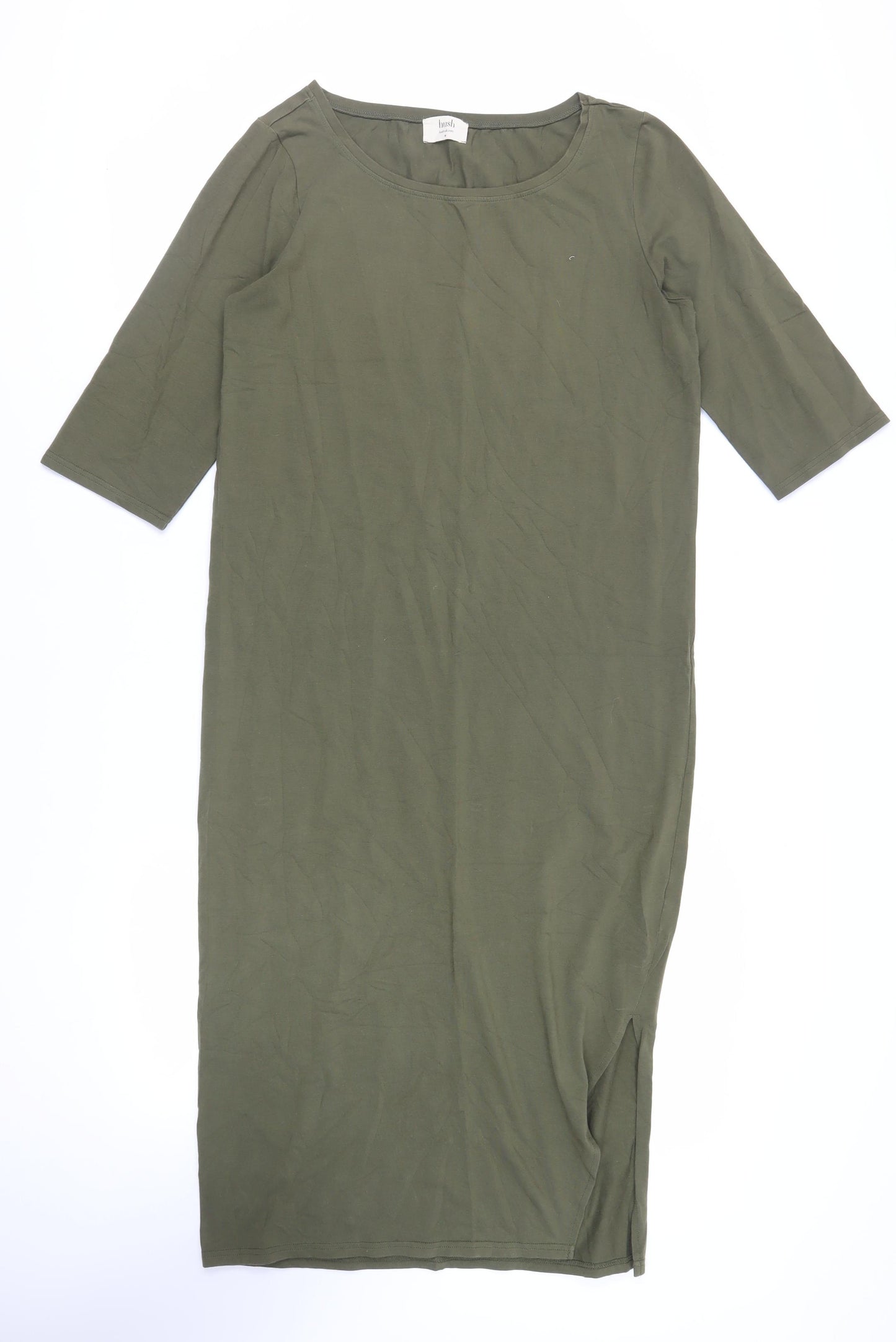 Hush Womens Green Cotton T-Shirt Dress Size M Boat Neck Pullover - Side Slit