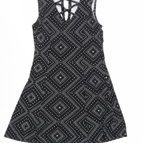 Blue Vanilla Womens Black Geometric Polyester Skater Dress Size 12 Halter Button