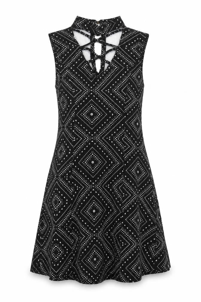 Blue Vanilla Womens Black Geometric Polyester Skater Dress Size 12 Halter Button