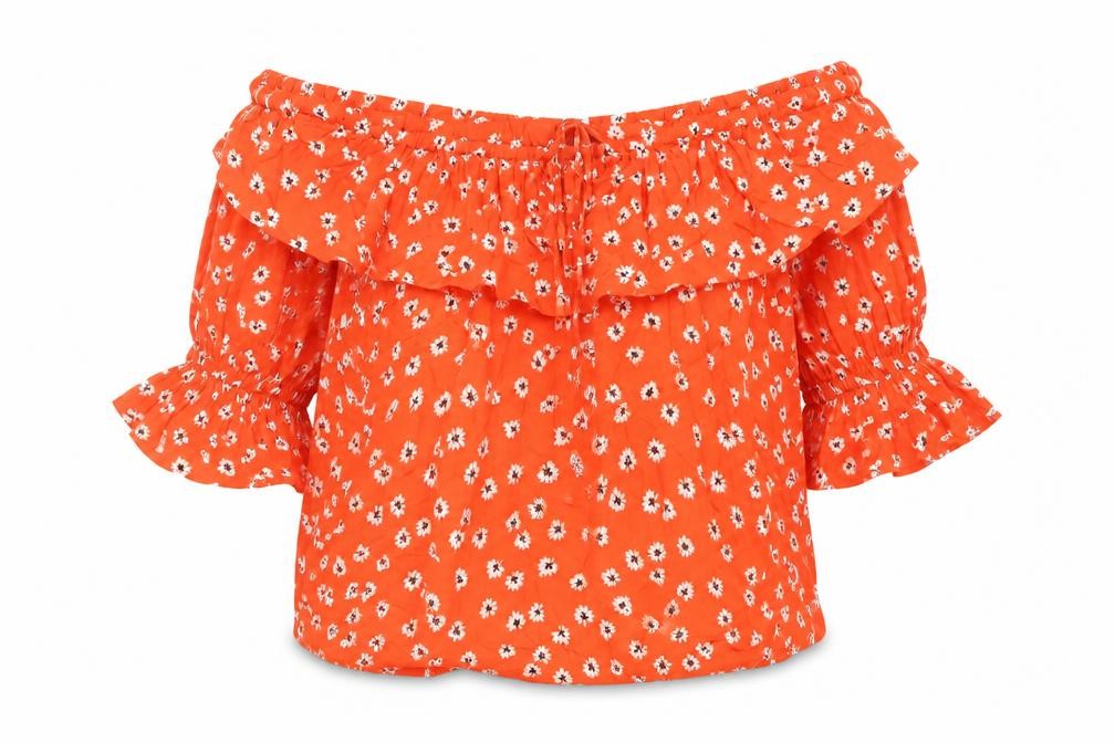 Front view of Ganni women’s red floral viscose basic blouse, size UK 14, off the shoulder - ruffle