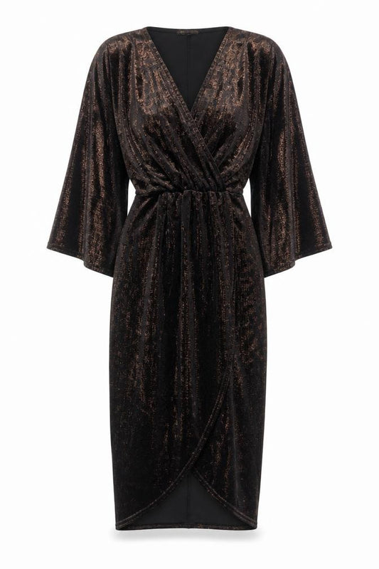 Front view of QED London women’s black polyester sheath, size UK 10, v-neck pullover - glitter