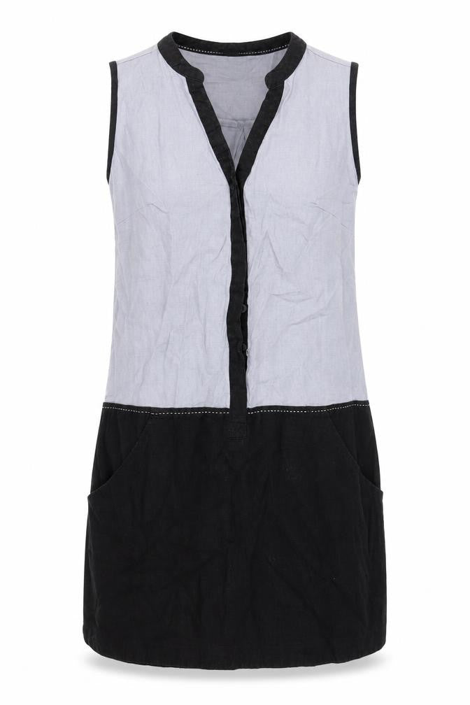 Front view of Next women’s blue colourblock linen sheath, size UK 8, v-neck pullover - pockets