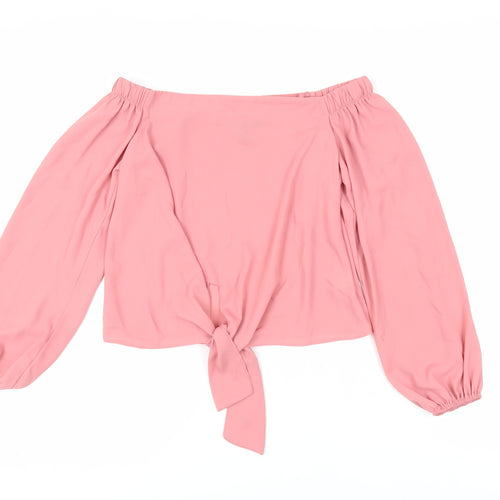 New Look Womens Pink Polyester Cropped Blouse Size 8 Off the Shoulder - Tie Front