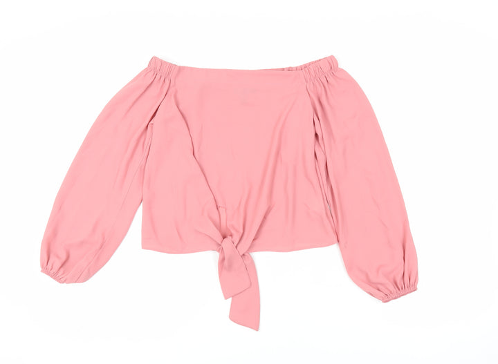 New Look Womens Pink Polyester Cropped Blouse Size 8 Off the Shoulder - Tie Front
