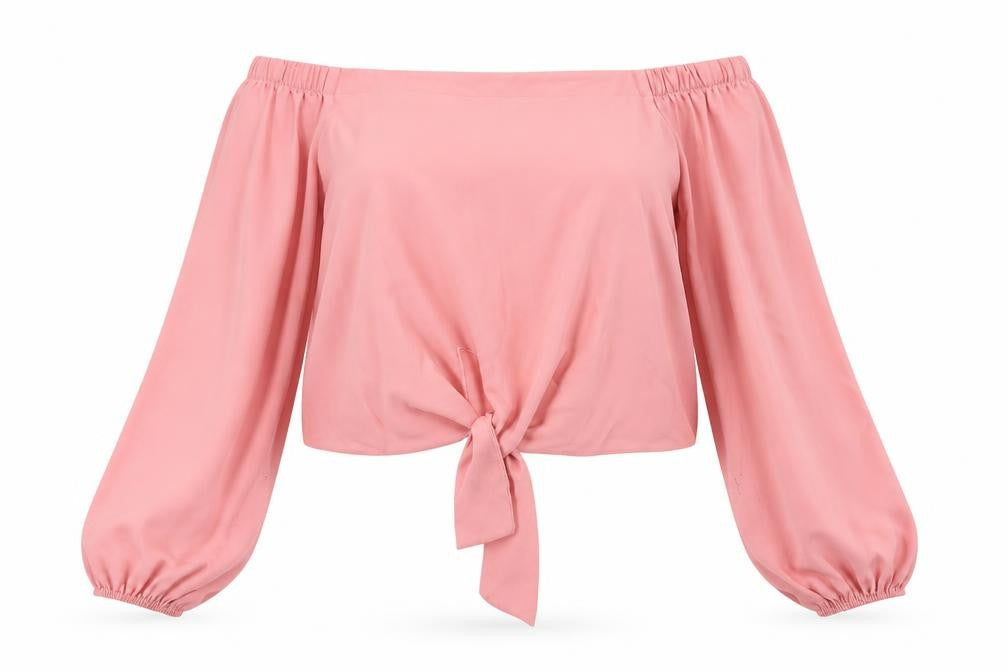 Front view of New Look women’s pink polyester cropped blouse, size UK 8, off the shoulder - tie front