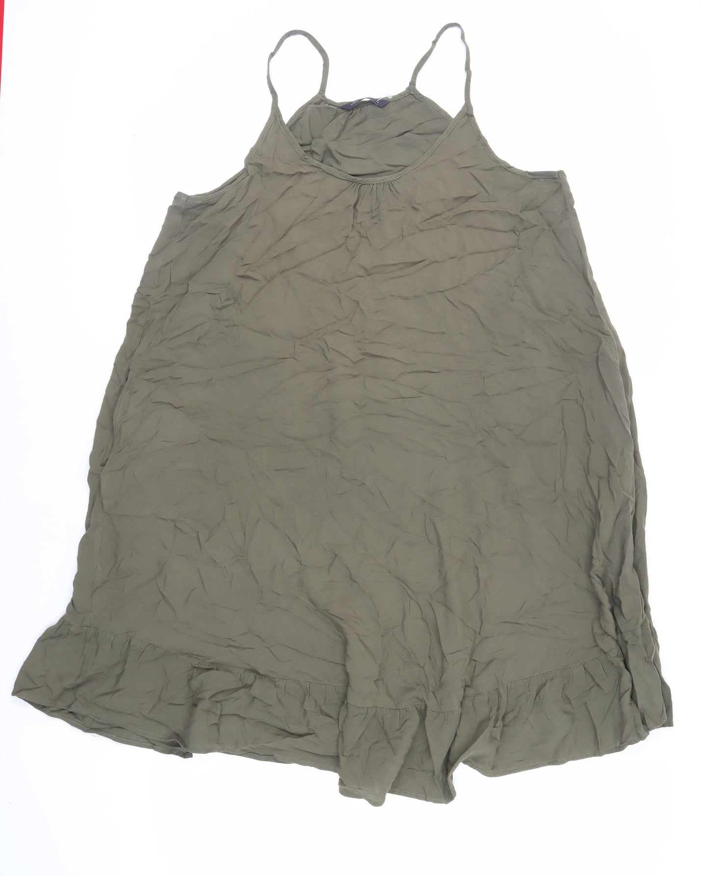 Marks and Spencer Womens Green Viscose Slip Dress Size 12 Round Neck Pullover - Ruffle Pockets