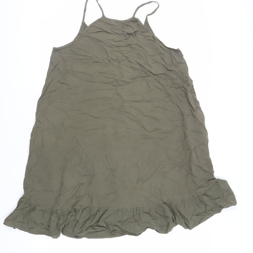 Marks and Spencer Womens Green Viscose Slip Dress Size 12 Round Neck Pullover - Ruffle Pockets