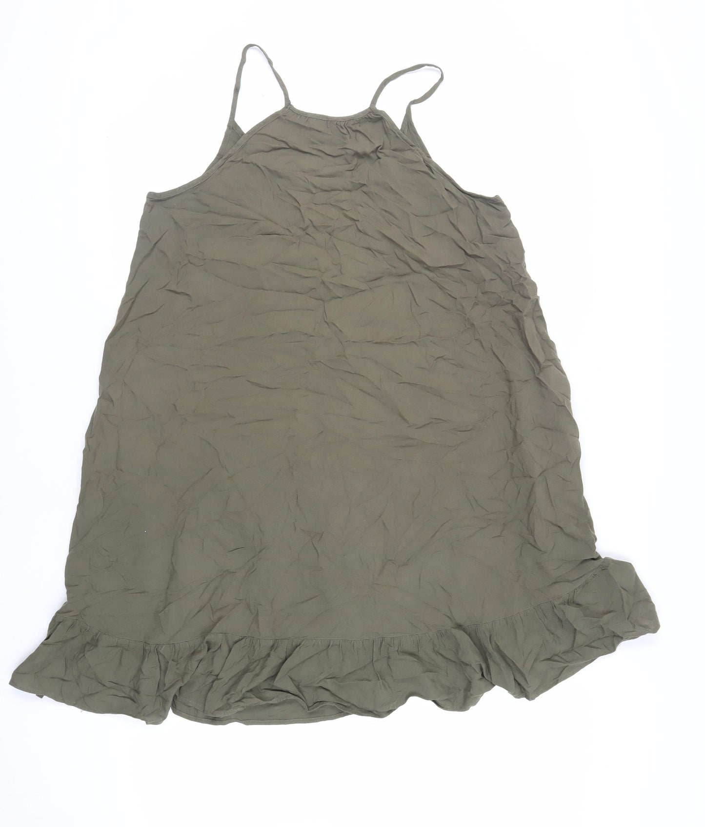 Marks and Spencer Womens Green Viscose Slip Dress Size 12 Round Neck Pullover - Ruffle Pockets