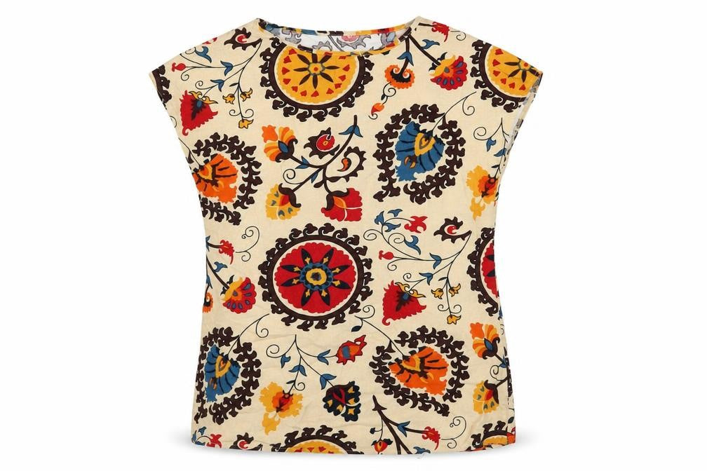 Front view of Emery Rose women’s beige paisley cotton basic blouse, size L, boat neck