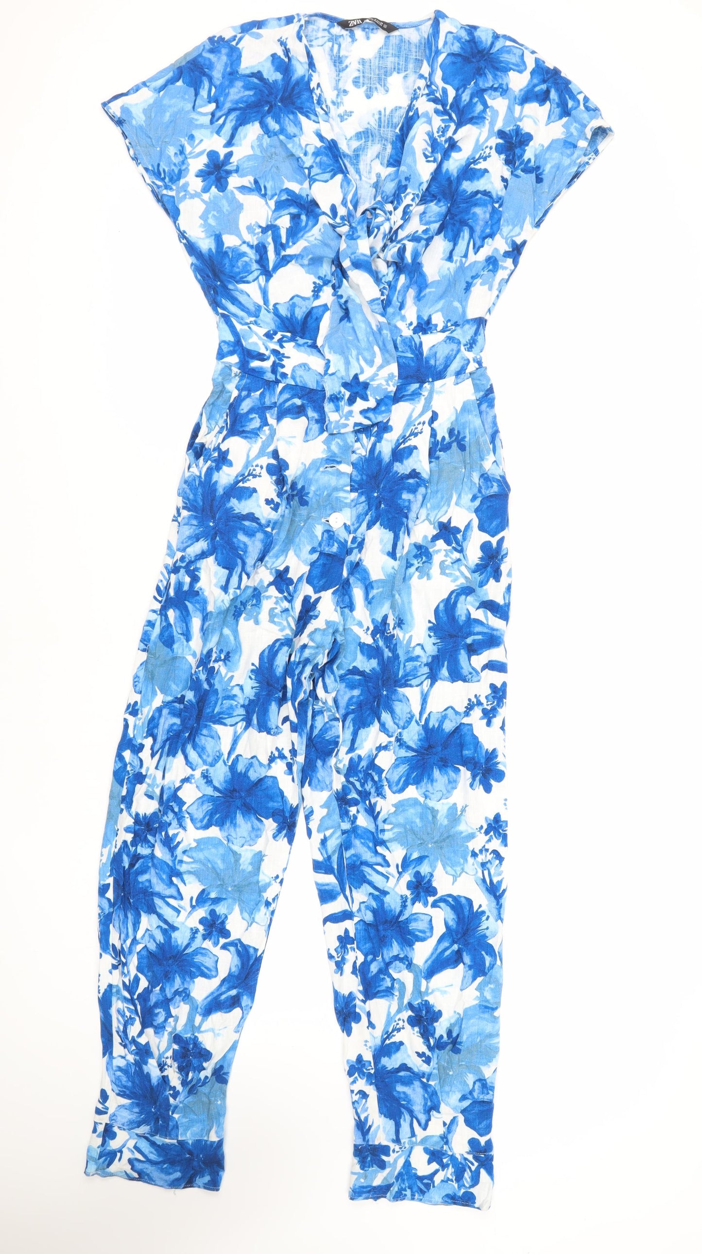 Zara Womens Blue Floral Viscose Jumpsuit One-Piece Size M L28 in Button - Elasticated Waist