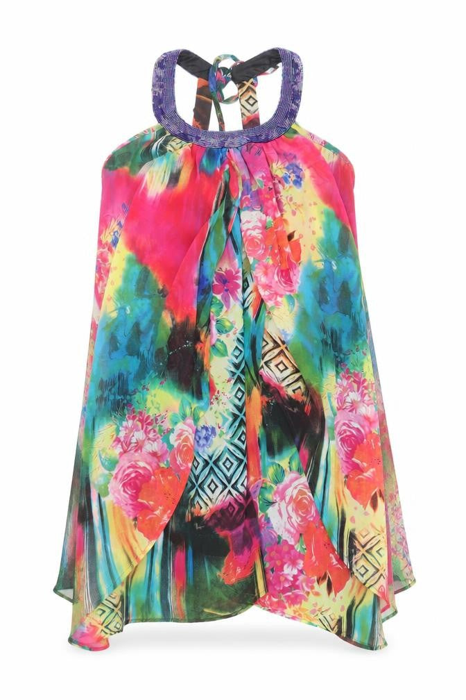 Front view of Next women’s multicoloured geometric polyester trapeze & swing, size UK 14, halter tie - beaded neckline