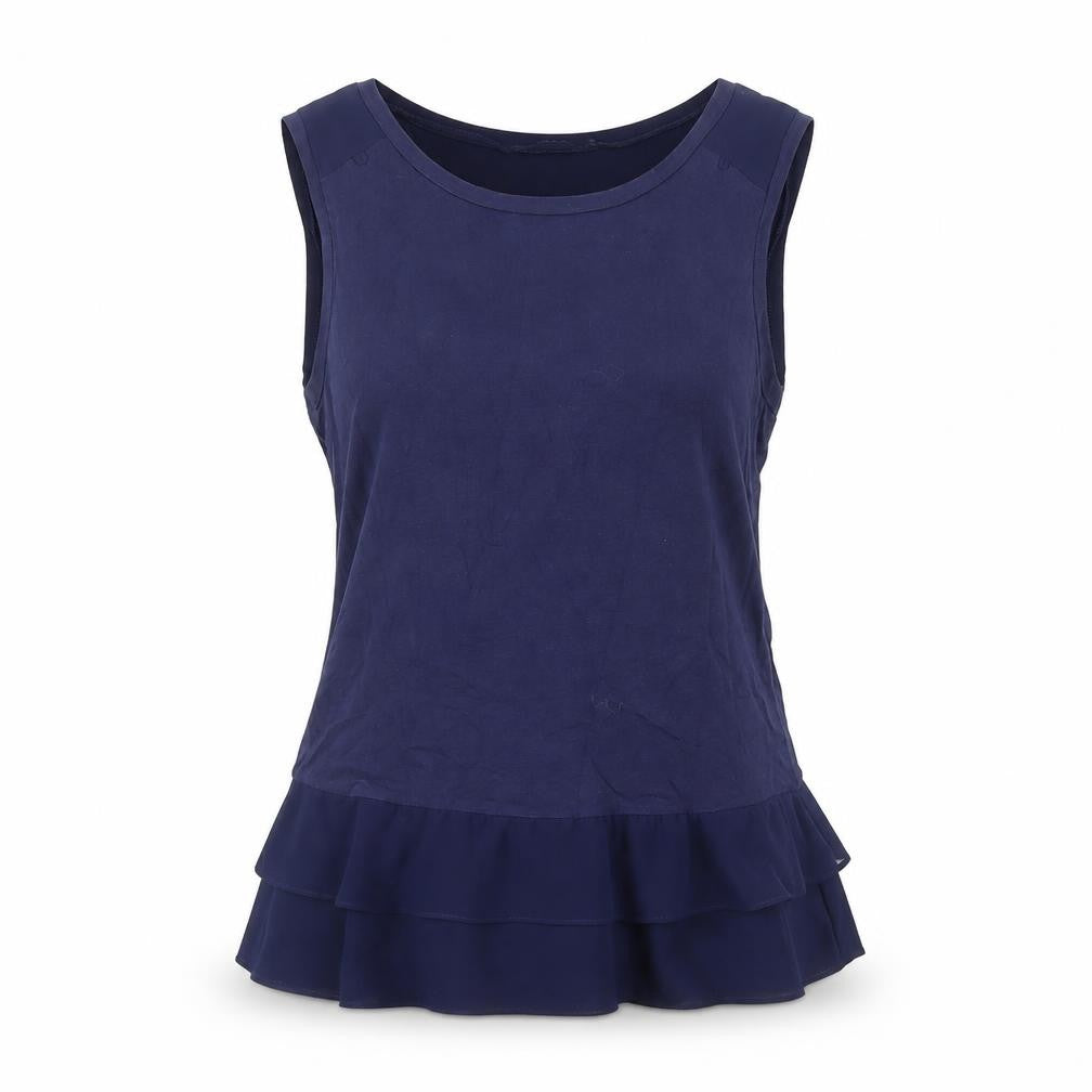 Front view of Liu Jo women’s blue cotton basic tank, size S, boat neck - ruffle