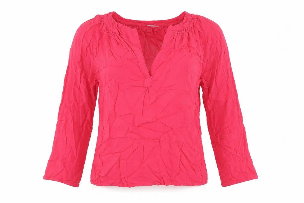 Front view of John Lewis women’s pink viscose basic blouse, size UK 12, v-neck