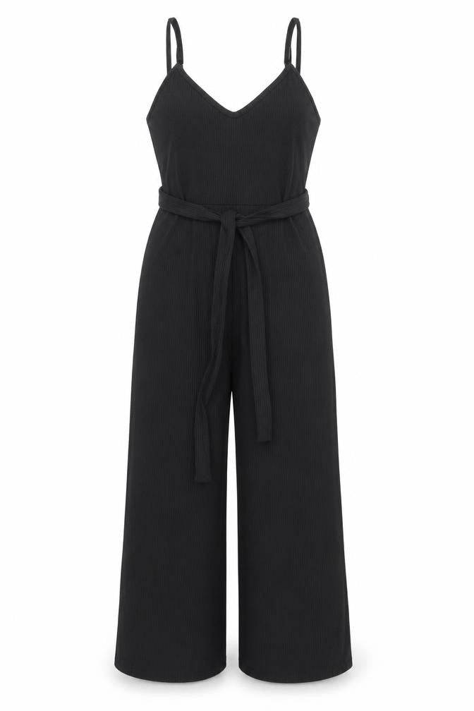 Front view of Miss Selfridge women’s black polyester jumpsuit one-piece, size UK 4, 20-inch leg pullover - belted