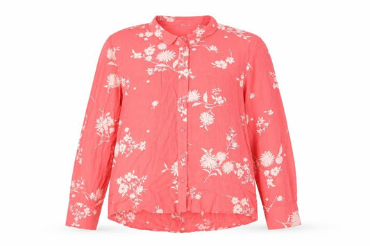 Front view of Marks & Spencer women’s pink floral viscose basic button-up, size UK 10, collared