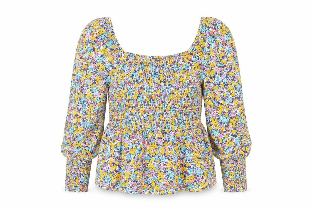 Front view of Marks & Spencer women’s multicoloured floral cotton basic blouse, size UK 6, square neck - shirred