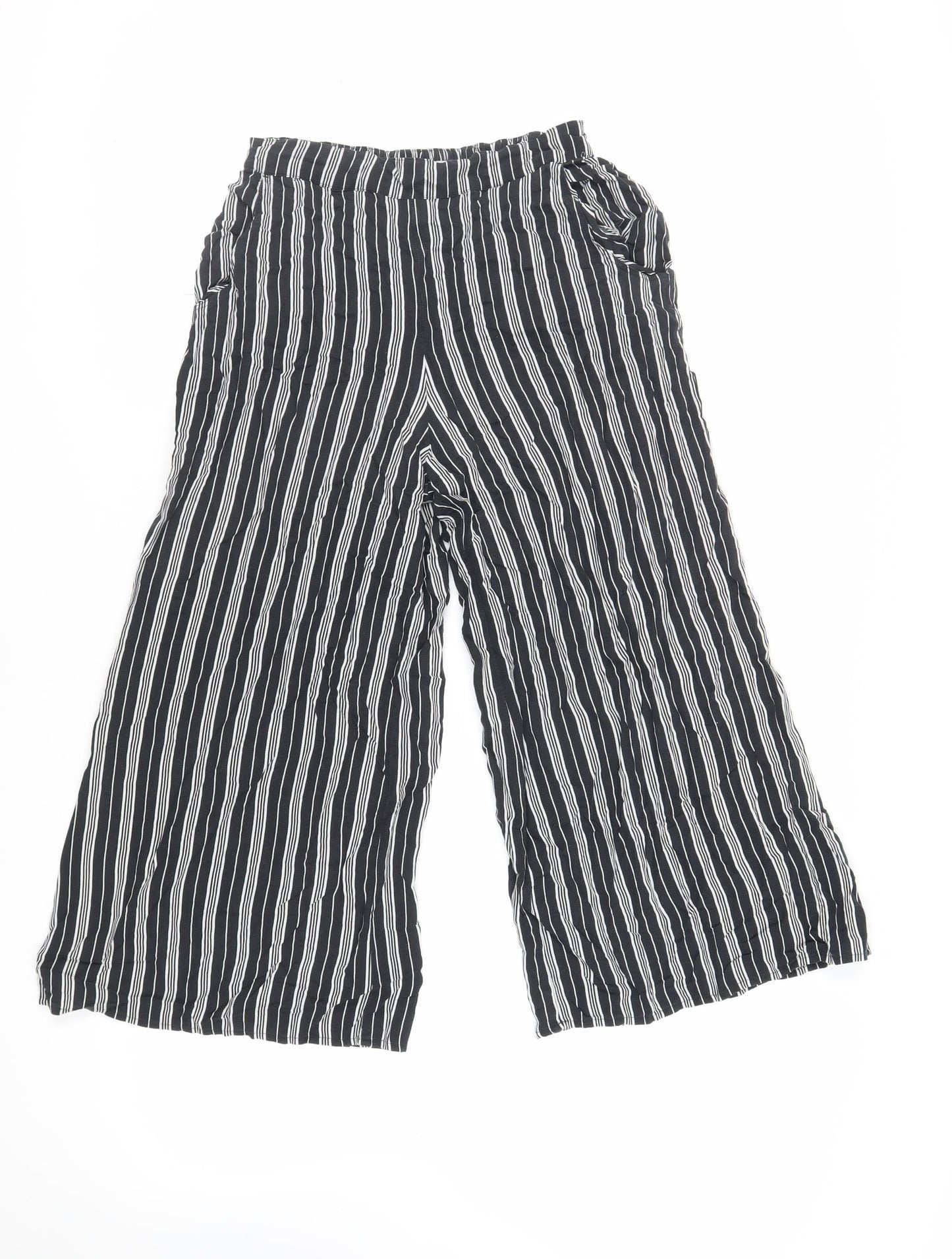 Hollister Womens Black Striped Viscose Cropped Trousers Size S L22 in Regular - Elasticated Waist