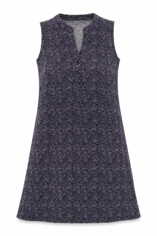 Front view of CREW women’s purple geometric polyester a-line, size S, v-neck button