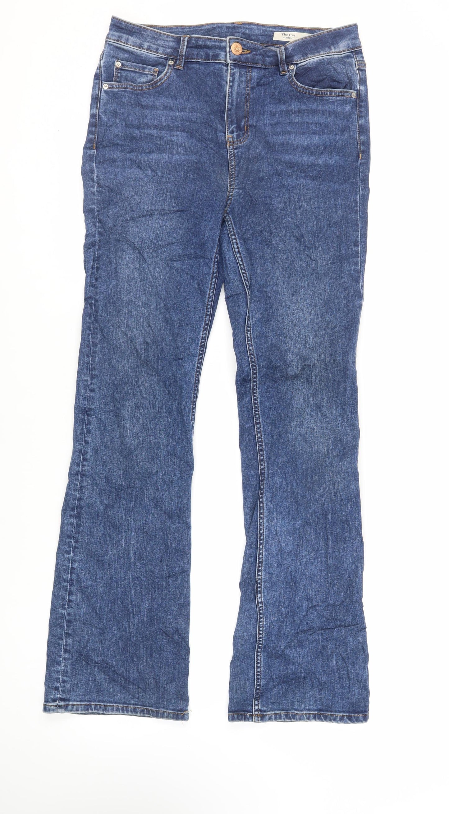 Marks and Spencer Womens Blue Cotton Bootcut Jeans Size 12 L33 in Regular Zip - Long Lenght