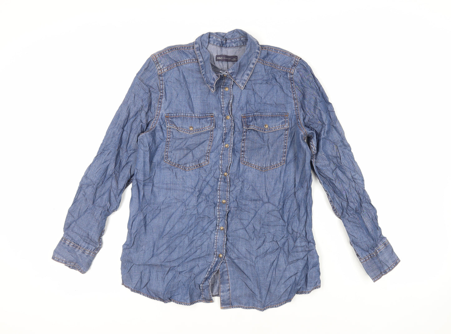 Marks and Spencer Womens Blue Lyocell Basic Button-Up Size 10 Collared