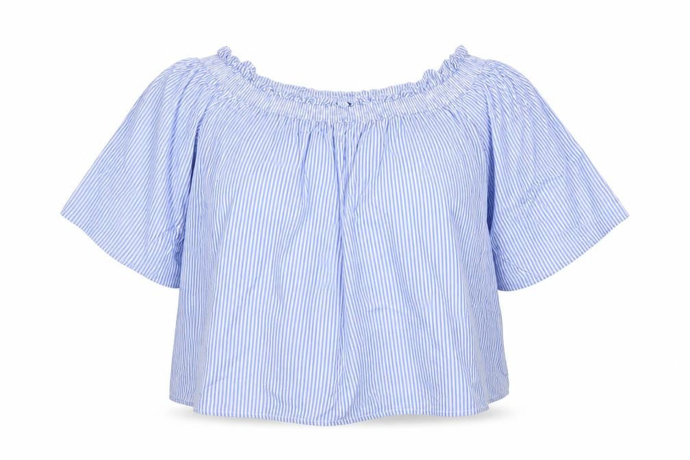 Front view of Marks & Spencer women’s multicoloured striped viscose tunic blouse, size UK 20, boat neck