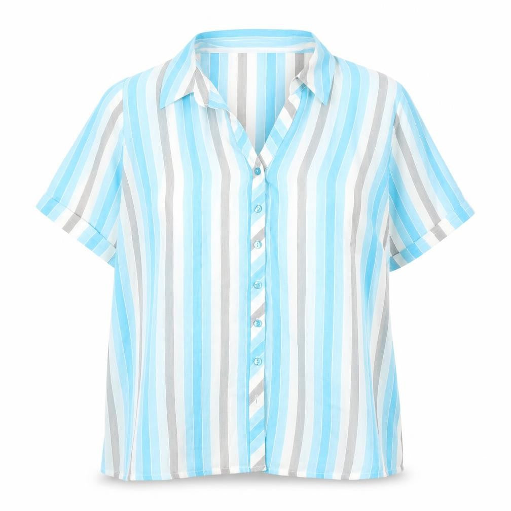 Front view of Bonmarché women’s multicoloured striped polyester tunic blouse, size UK 22, collared