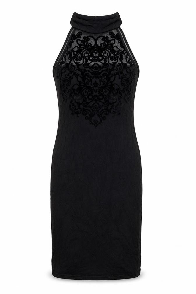 Front view of Boohoo women’s black polyester pencil dress, size UK 6, mock neck