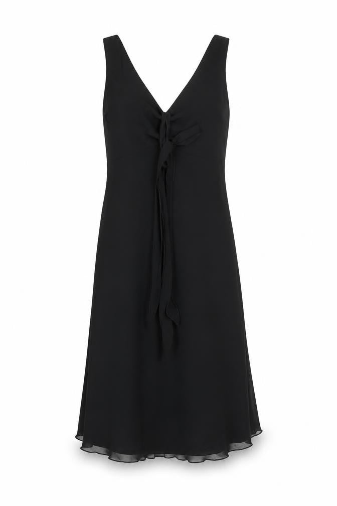 Front view of Marks & Spencer women’s black polyester a-line, size UK 12, v-neck zip