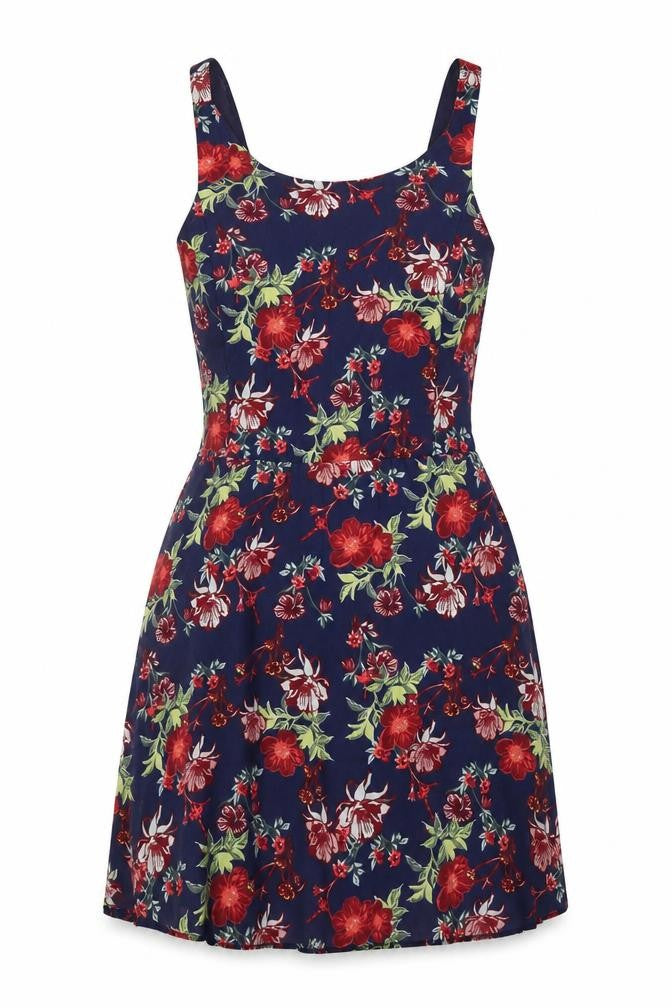 Front view of H&M women’s multicoloured floral polyester a-line, size UK 6, scoop neck
