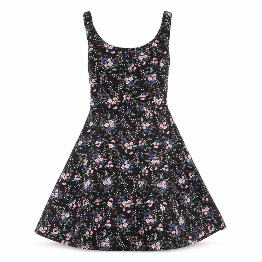 Front view of H&M women’s multicoloured floral polyester a-line, size UK 6, boat neck