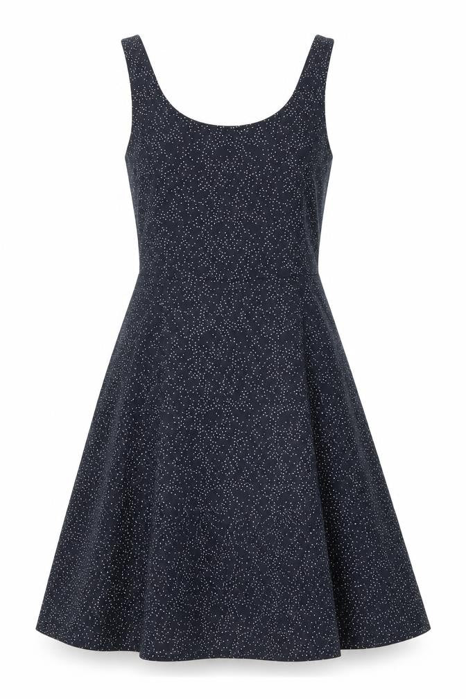 Front view of H&M women’s black geometric polyester a-line, size UK 6, scoop neck