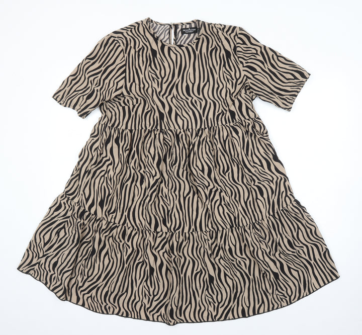 PRETTYLITTLETHING Womens Ivory Animal Print Polyester A-Line Size 10 Roll Neck