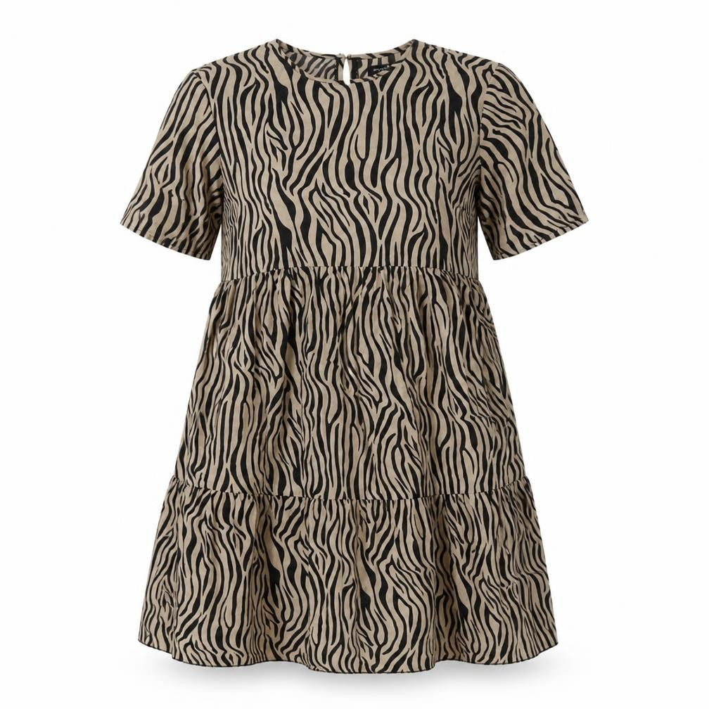Front view of PRETTYLITTLETHING women’s ivory animal print polyester a-line, size UK 10, roll neck