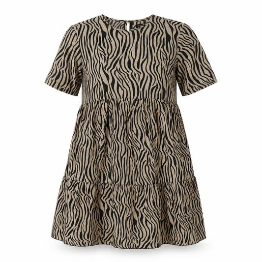 Front view of PRETTYLITTLETHING women’s ivory animal print polyester a-line, size UK 10, roll neck