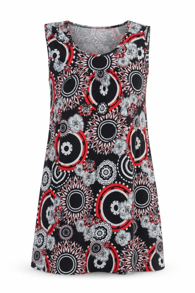 Front view of E&D women’s multicoloured geometric viscose shift, size 3XL, round neck