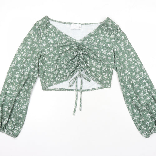 ASOS Womens Green Floral Polyester Cropped Blouse Size 12 Scoop Neck