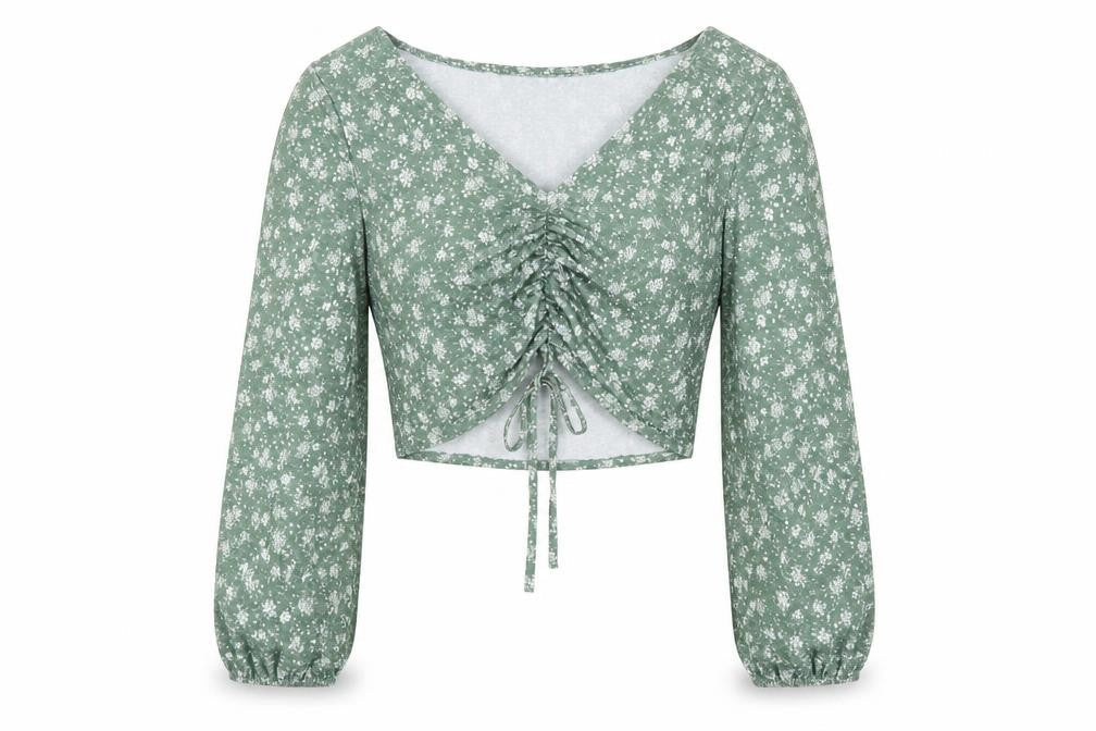 ASOS Womens Green Floral Polyester Cropped Blouse Size 12 Scoop Neck