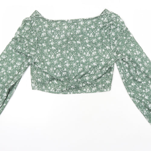 ASOS Womens Green Floral Polyester Cropped Blouse Size 12 Scoop Neck