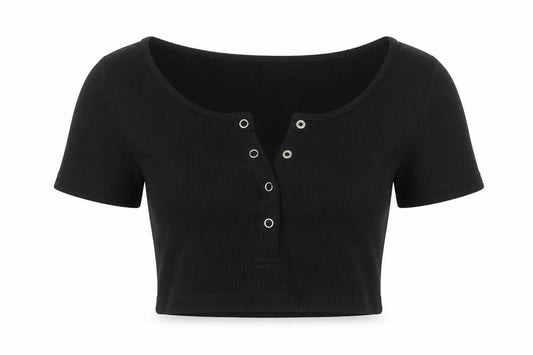 Front view of ASOS women’s black viscose cropped t-shirt, size UK 12, v-neck