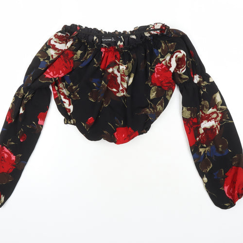 PRETTYLITTLETHING Womens Multicoloured Floral Polyester Cropped Blouse Size 12 Boat Neck