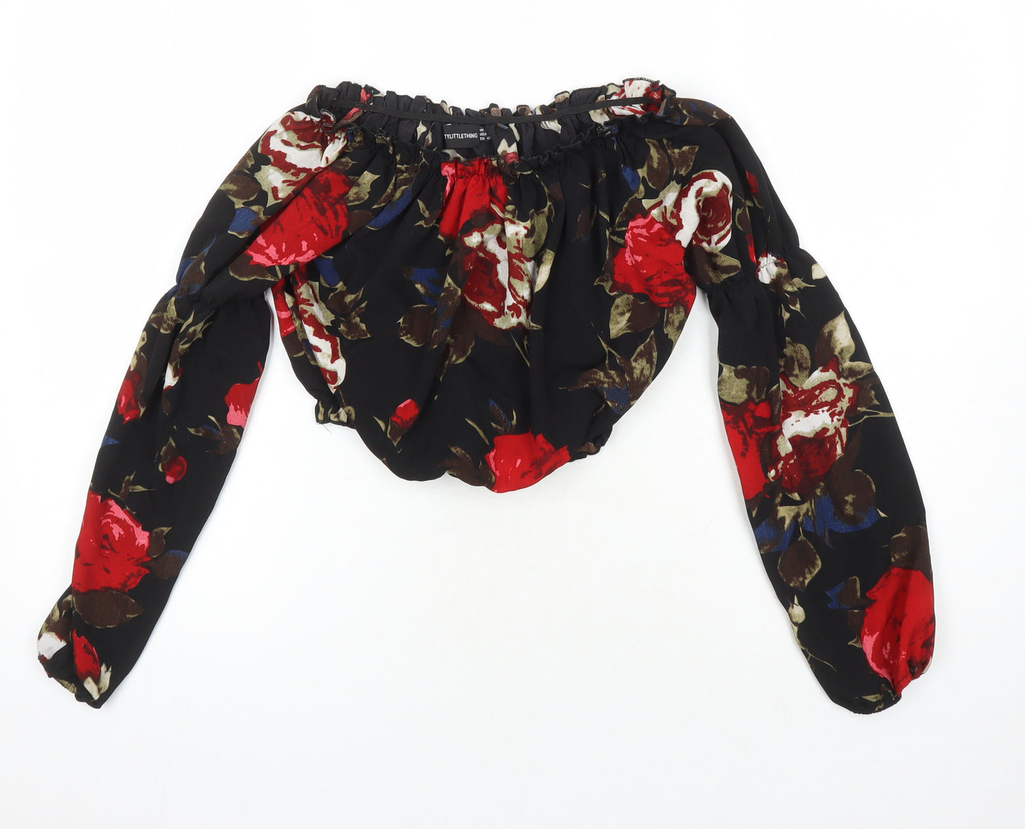 PRETTYLITTLETHING Womens Multicoloured Floral Polyester Cropped Blouse Size 12 Boat Neck