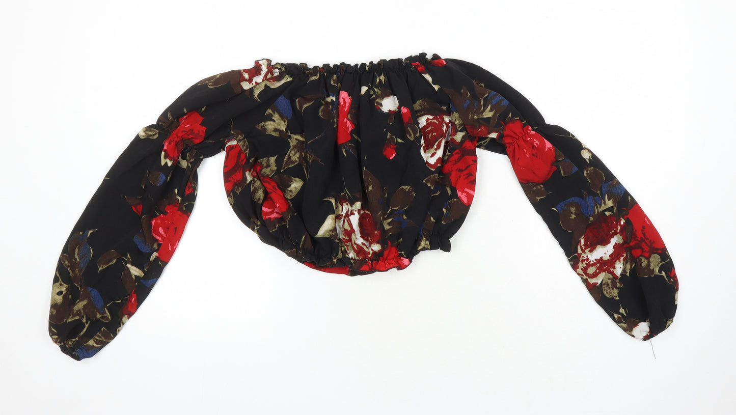 PRETTYLITTLETHING Womens Multicoloured Floral Polyester Cropped Blouse Size 12 Boat Neck