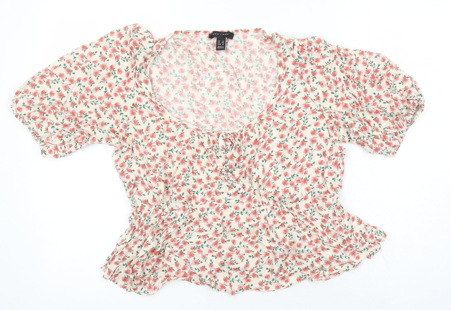 New Look Womens Multicoloured Floral Viscose Cropped Blouse Size 16 Scoop Neck
