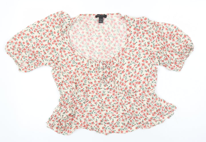 New Look Womens Multicoloured Floral Viscose Cropped Blouse Size 16 Scoop Neck